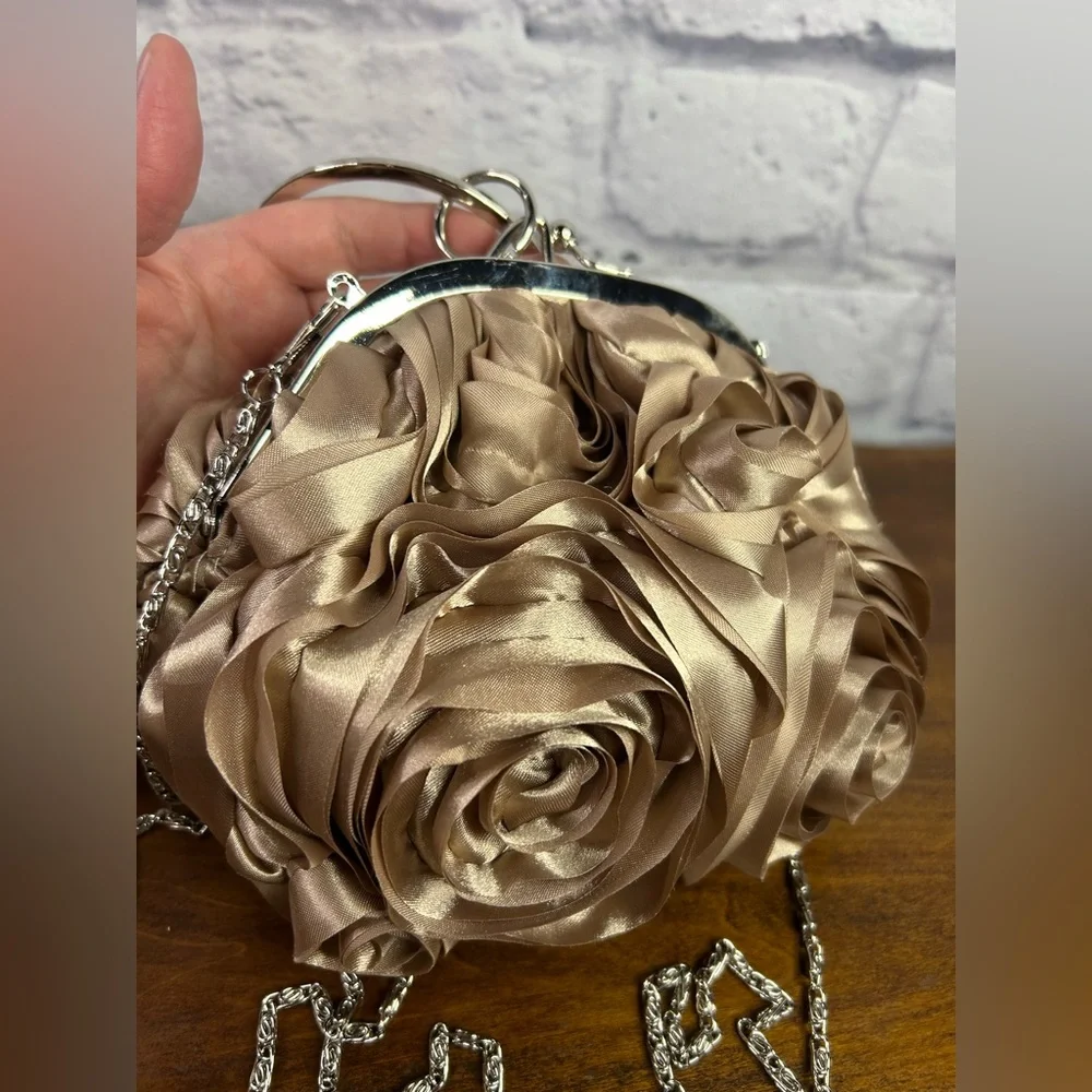 Elegant Satin Rose Clutch with Rhinestone Handle